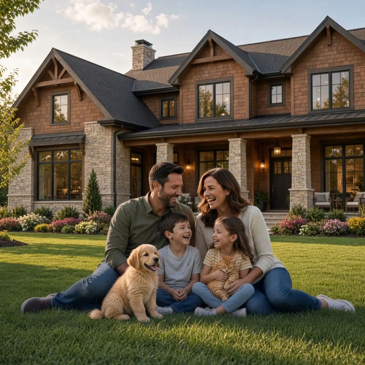 Happy family with their dog and cat in front of their home